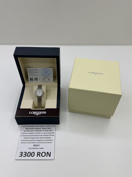 Ceas Longines Lyre L4.259.4.11.6 Dama Quartz Cadran Alb Original Full Set Elvetian Cutie Acte Nou