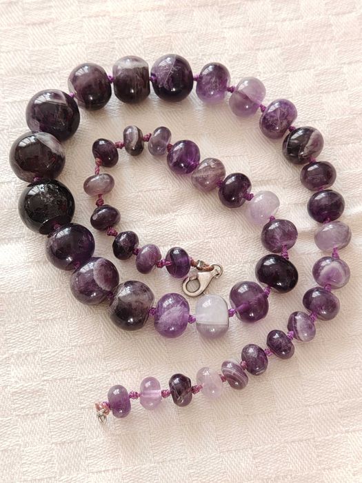 Прекрасна Сребърна Италианска Огърлица Гердан Колие с Естест. Аметисти