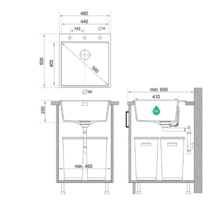 Кухненска Мивка от гранит модел Осло 50 XXL 490 x 500 mm - бежава