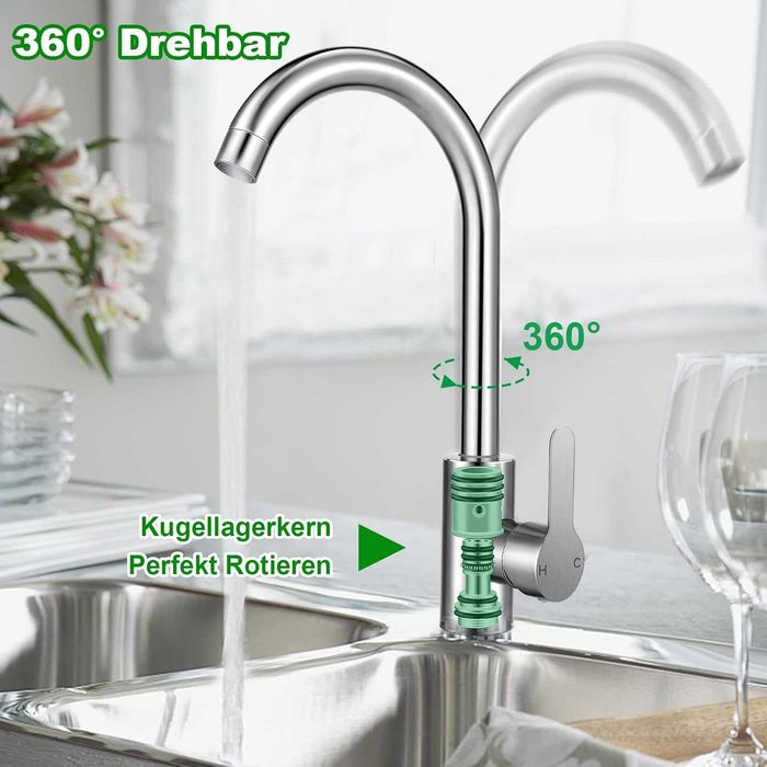 Baterie de bucătărie, pentru chiuvetă de bucătărie rotativă la 360°