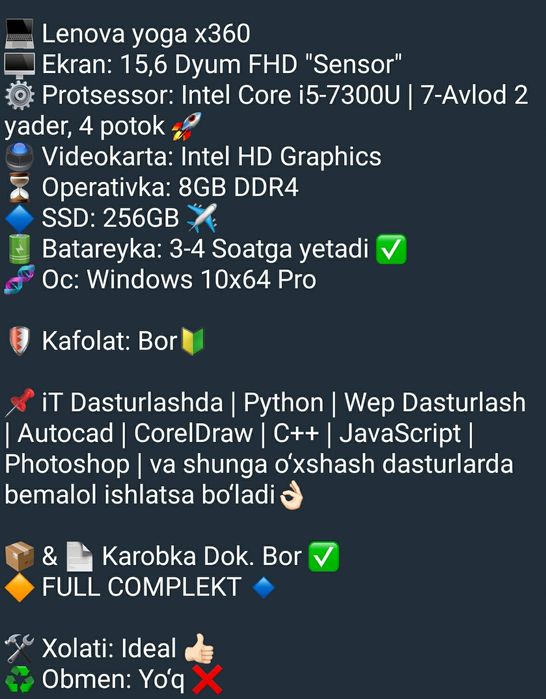 Lenova Yoga kor dokeminti yuq hamma malumotlar rasimda  350$