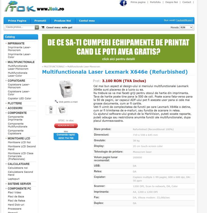 imprimanta multifunctionala alb negru lexmark X646e + modul + cartuse