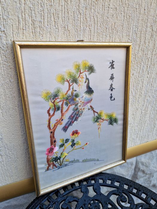 Прекрасна антикварна китайска бродерия картина върху коприна