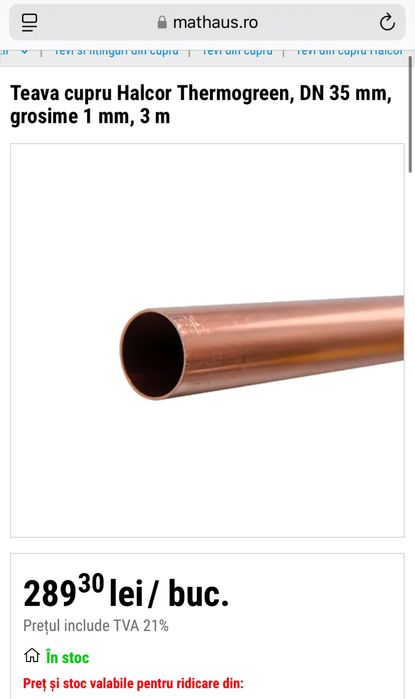 Bara teava cupru  35 mm la 3 m