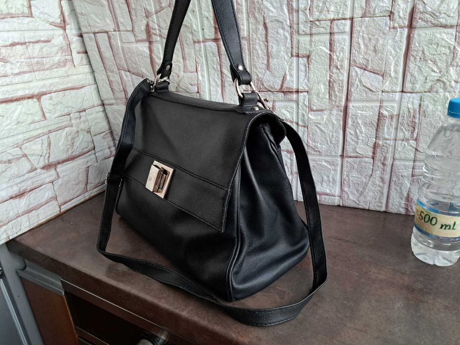 дамска чанта,черна кожена торба-естествена кожа