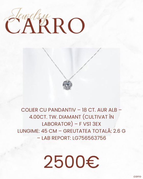 Colier cu Pandantiv Aur Alb 18K Diamant Lab Grown