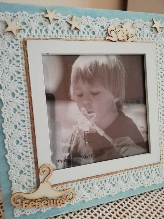 Бебешки рамки за снимка ДЪРВЕНИ, със стъкло, РЪЧНА декорация