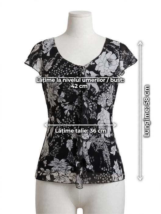Bluza neagra voal cu flori albe si fundita - Marime M