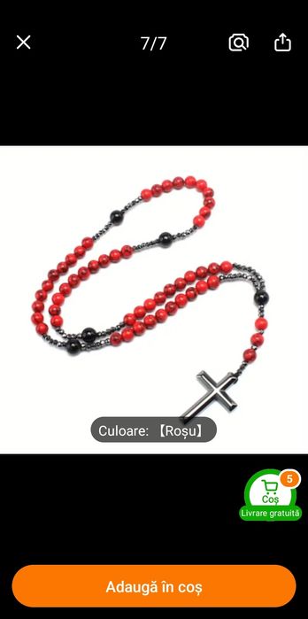 Colier cu rozariu cu cruce din piatra artificiala de pin rosu, agat ne