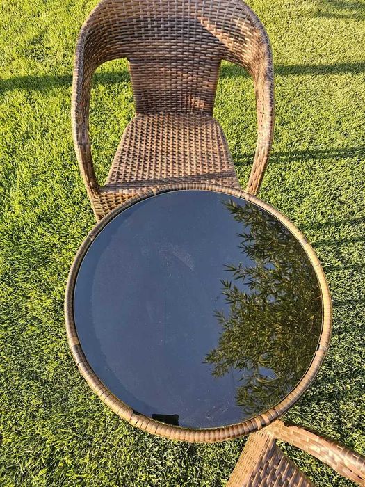 НЕМСКИ Градински Ратанов Комплект-2 Стола С Маса И Поставка + ЛЕД ФЕНЕР