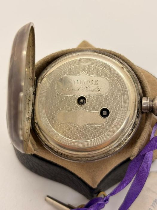 Ceas de buzunar din argint Cylindre Huit Rubis cu 2 cheite -A-