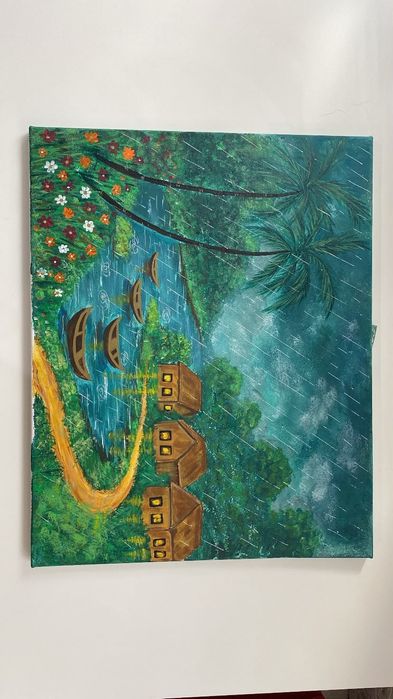 Tablou original – Lac cu bărci – acrilic pe pânză 50×40 cm