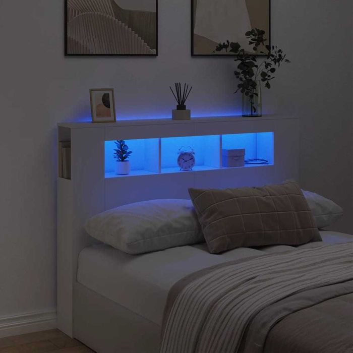Tăblie de pat cu LED 140x18,5x103,5 cm lemn stratificat alb vidaXL