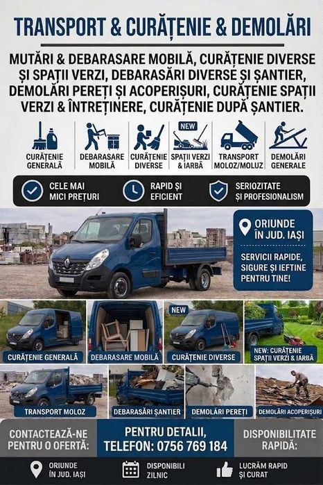 Curatenie in apartamente , debarasare moloz , spatii verzi , acoperisuri