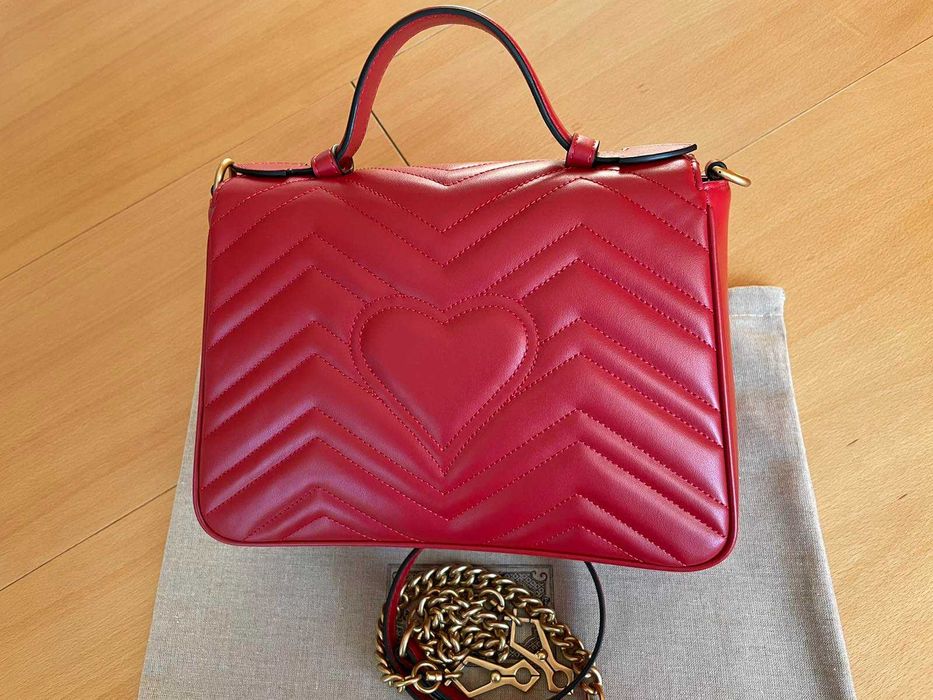 Чантa Гучи Оригинална Горна Дръжка GG Лого Marmont Червена Кожа Gucci