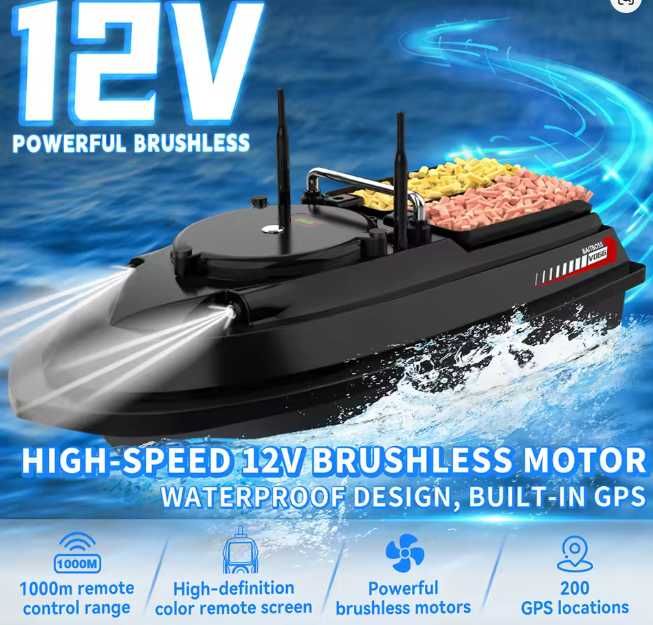 Лодка за захранка V066 GPS 20km/h 200 Точки Безчеткови Мотори НОВ Модел 2026