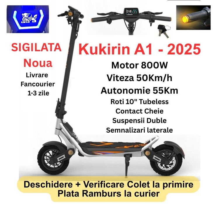 Sigilata NOUA ‼️Kukirin A1 - 2025 ‼️800W, 50Km/h, Contact cu Cheie