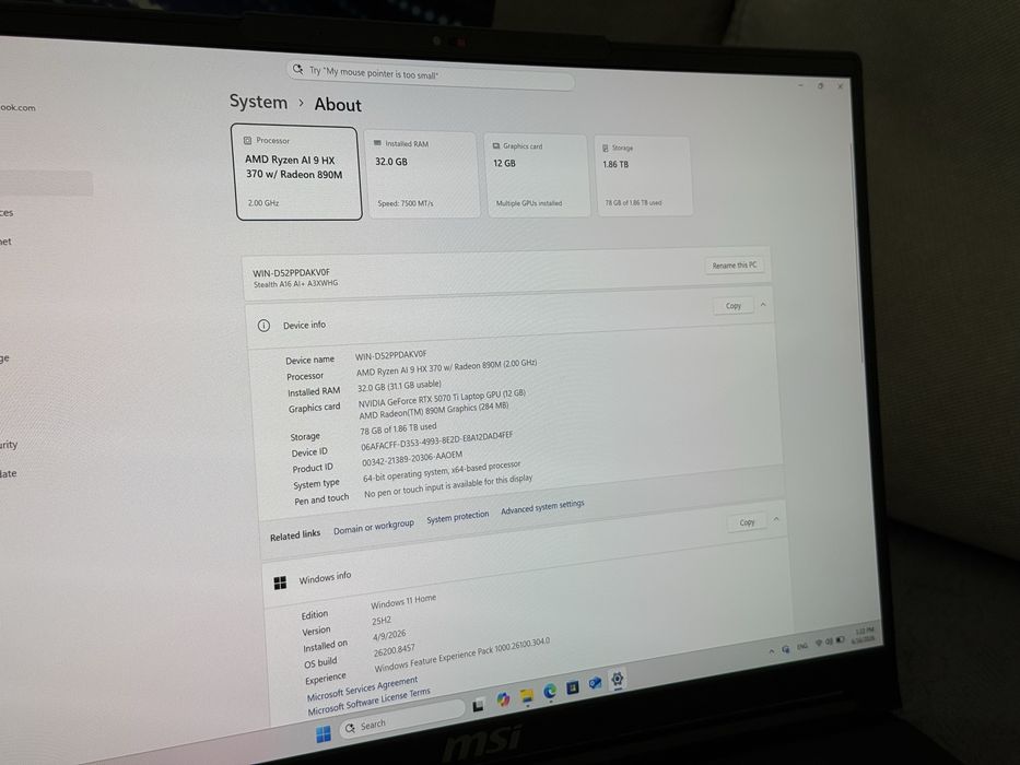 16’QHD+ 240Hz OLED/Ryzen AI 9 HX 370/RTX 5070 TI 12GB/Msi Stealth A16/32GB LPDDR5x /2TB SSD/Гаранция