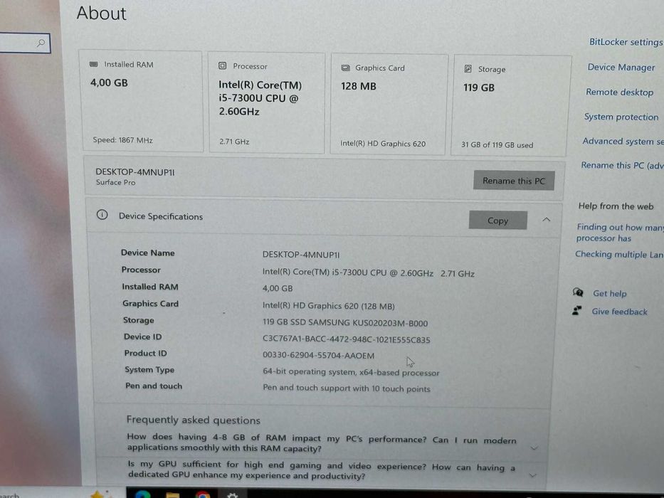 Microsoft Surface Pro 5 i5-7300U/4RAM/128SSD/Intel HD 620/QHD Touch