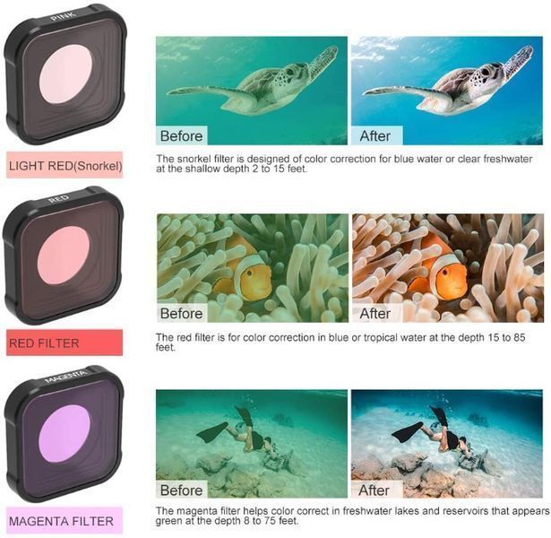 Подводни филтри за GoPro Hero 9/10/11/12/13, Червен/Лилав/Розов