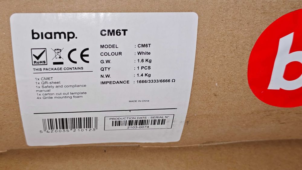 Boxa Rotunda de Plafon BIAMP (APART) CM6T, 2 cai, Echipata cu difuzor de 6.5" si driver de 1", Putere: 40 W/16 Ohmi