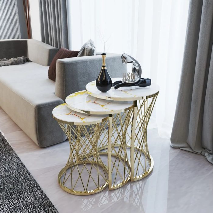 Set 3 masute cafea gold marble