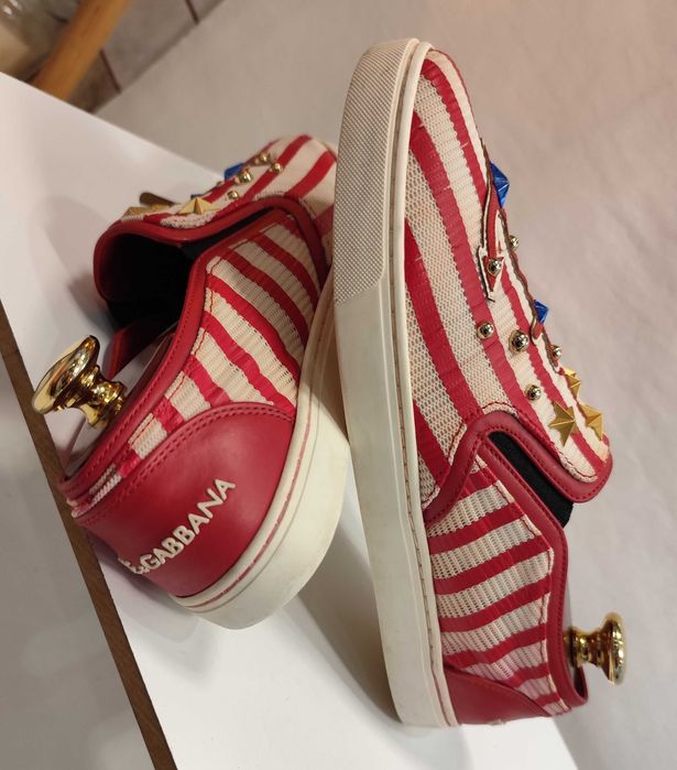 Pantofi mocasini de lux 38.5 39 Dolce & Gabbana slip on piele alb rosu detalii