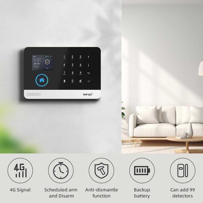 Set alarma wireless casa PGST GSM 2GWiFi,Kit 21 alarme 1 alarma sirena,8 senzori usi ferestre,3 telecomenzi,Compatibil cu Alexa si Google Assistant