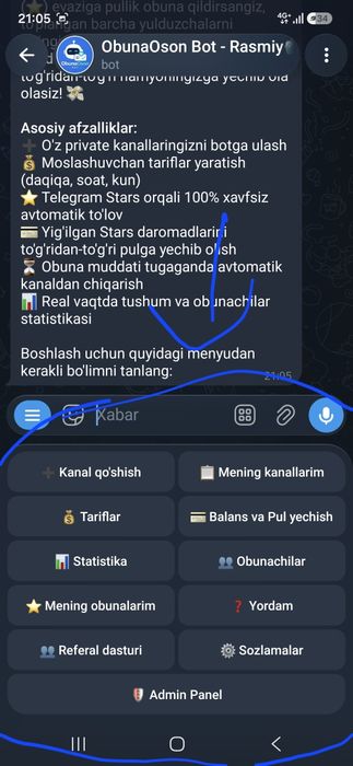 Telegram uchun professional botlar yaratib beraman