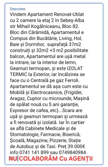 Apartament Izolat-Renovat-Utilat în Sebeș str M.Kogălniceanu Bl.82, Etaj2, Preț 39.000 euro Negociabil