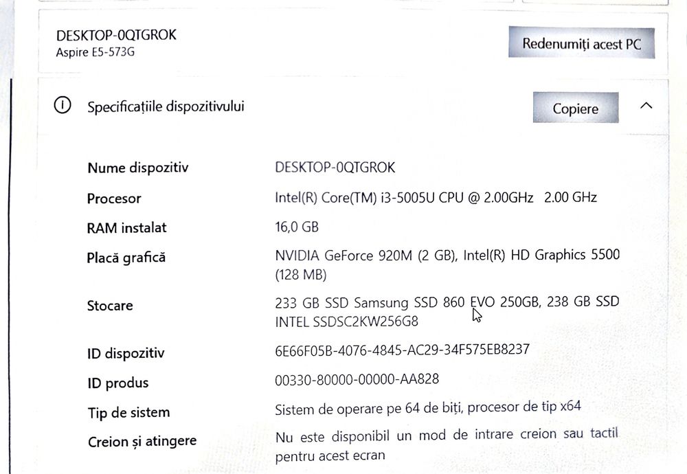 Laptop  Acer I3 5005U, CPU 2.0 GHZ, 16 Gb Ram ,SSD Samsung  250 Gb ,SSD intel 250 Gb,Windows 10 Pro