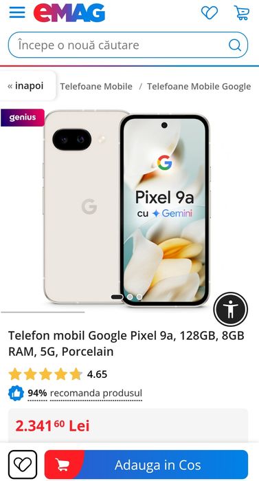 Google Pixel 9a, 128GB, 8GB RAM, 5G, Porcelain, SIGILAT