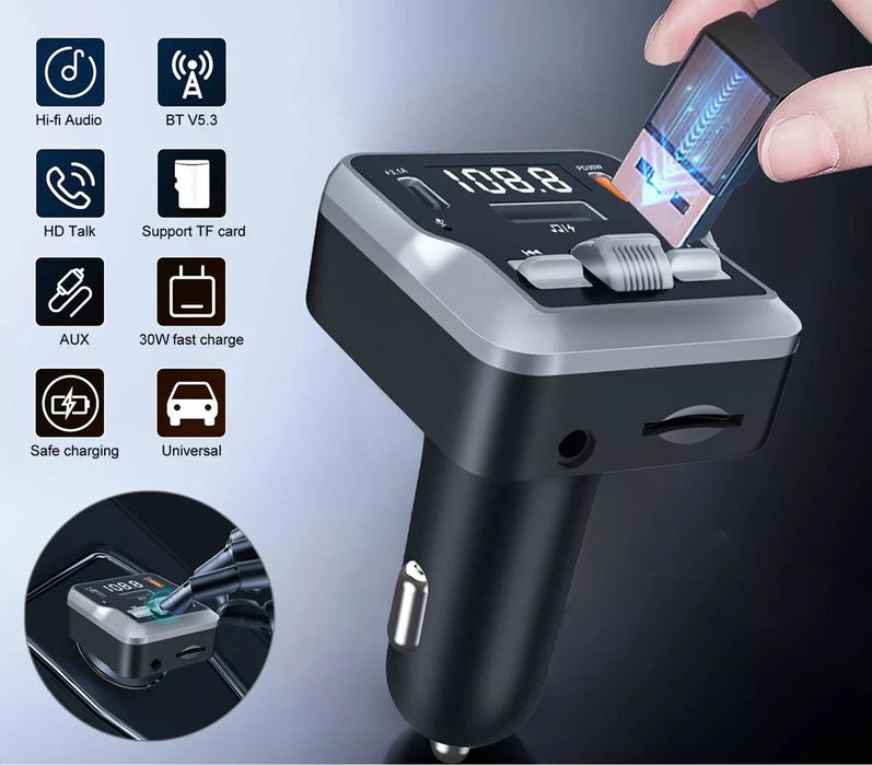 Bluetooth fm предавател за кола, mp3 плейър, радио, pd, usb-c, ...