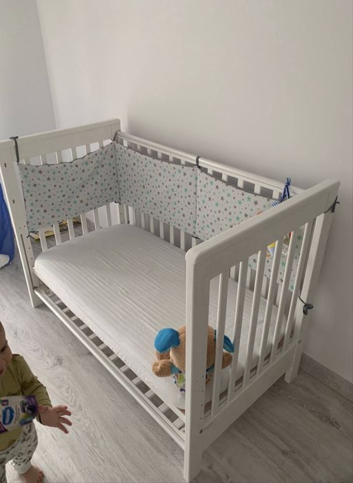Pachet  patut copii lemn masiv fag + saltea + protectii