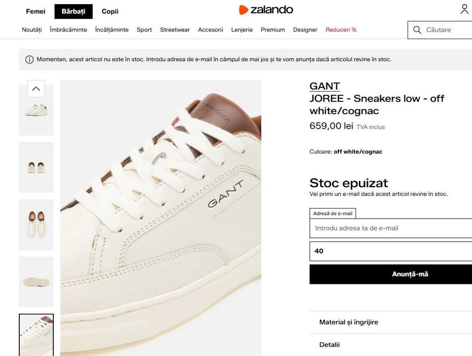 Pantofi sport casual 41 premium GANT NOI piele naturala moale alb