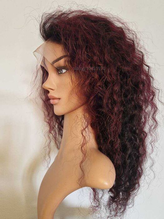 Естествена афро перука черна с тъмно червени кичури с дантела 13х4