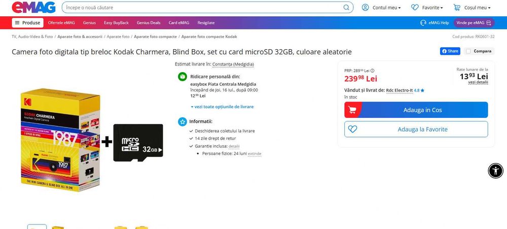 Camera foto digitala breloc Kodak Charmera + card microSD 32GB, NOU
