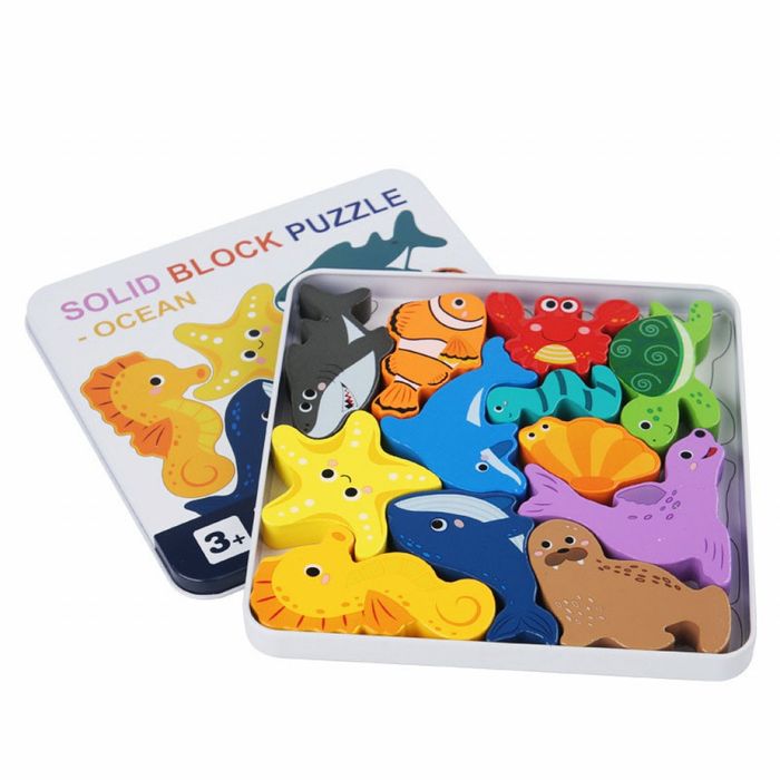 Дървен пъзел Животни 3D пъзел в метална кутия