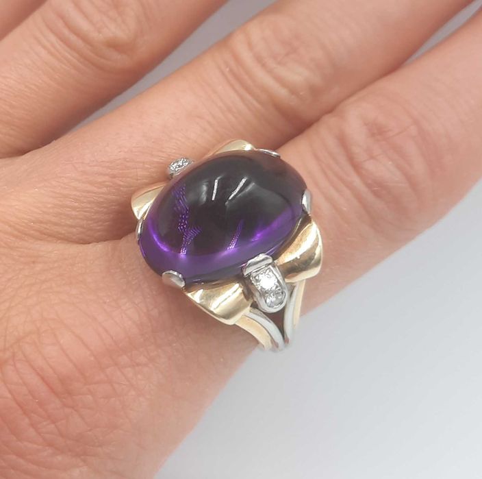 Splendid inel vechi art nouveau aur 14 k si platina, ametist cabochon si diamante naturale