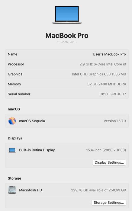 Apple MacBook Pro 15" 2018 (A1990), Intel Core i9, 32GB RAM, 256GB SSD