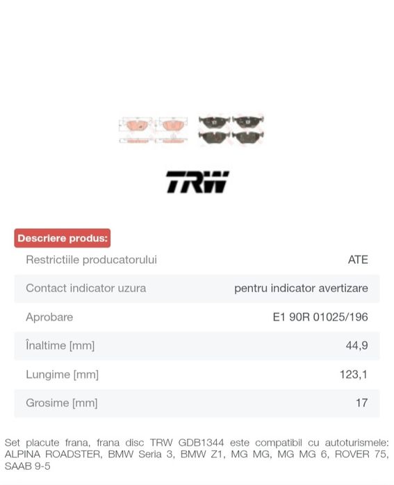 Set plăcute frina Bmw,Sab , Rover,MG,Alpina Roadster