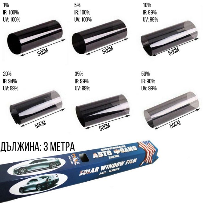 Фолио за стъкла недраскащо - 50см х 3м затъмняване 1%5%10%20%35%50%