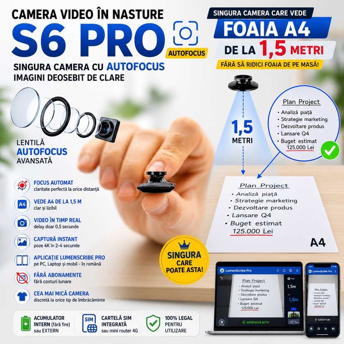 Camera Video in Nasture 4K UHD - iCheat S6 Pro AutoFocus - Casca de copiat Nou 2026