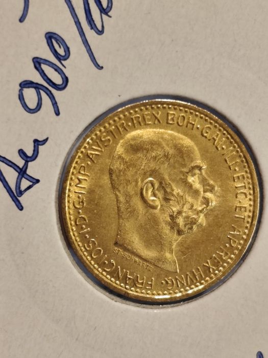 10 корони 1912 год, Австрия, император Франц Йозеф, злато 3.39 гр, проба 900/1000