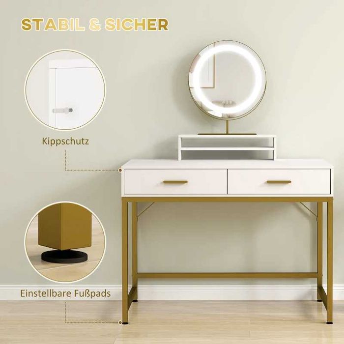 Тоалетка HOMCOM с огледало 360°, LED осветление, 2 чекмеджета