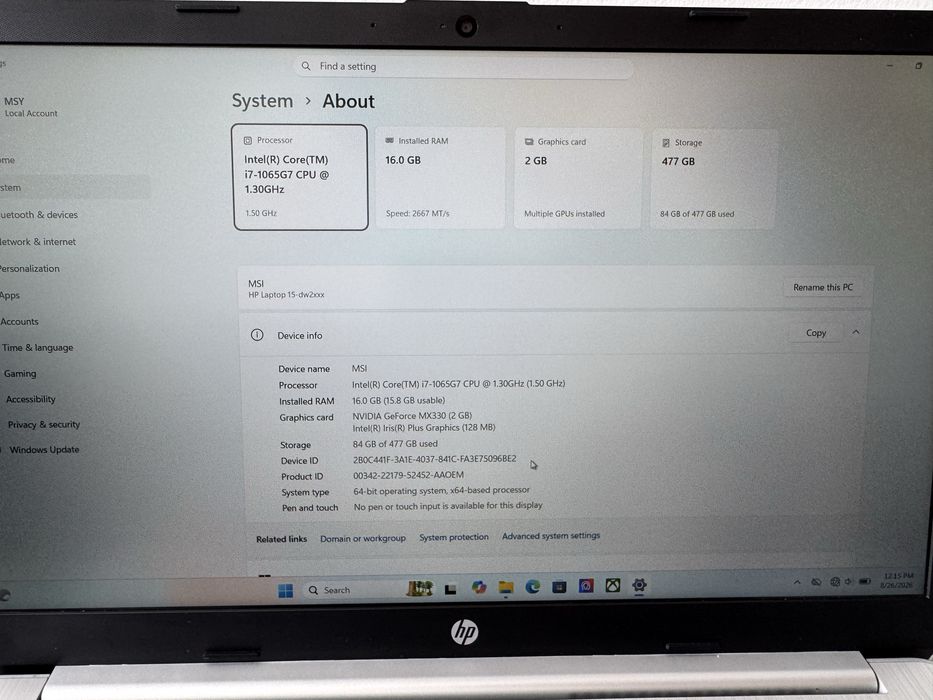 Laptop HP 15-dw2016nq / i7-1065G7 / 16GB RAM / 512GB SSD / MX330