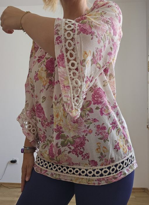 Флорална блуза туника риза лятна на цветя с дантела асиметричен ръкав