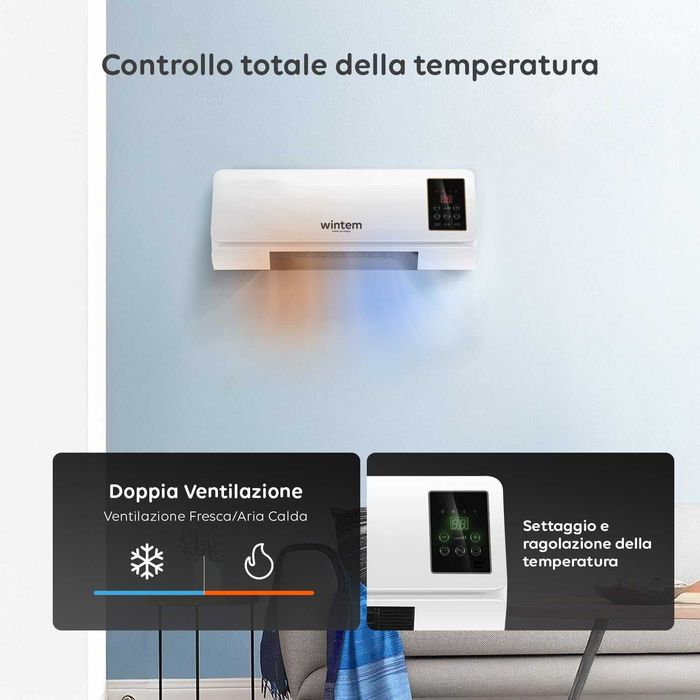 Стенен нагревател/вентилатор Wintem 2000 W – тих с LED дисплей за дома, офиса, банята