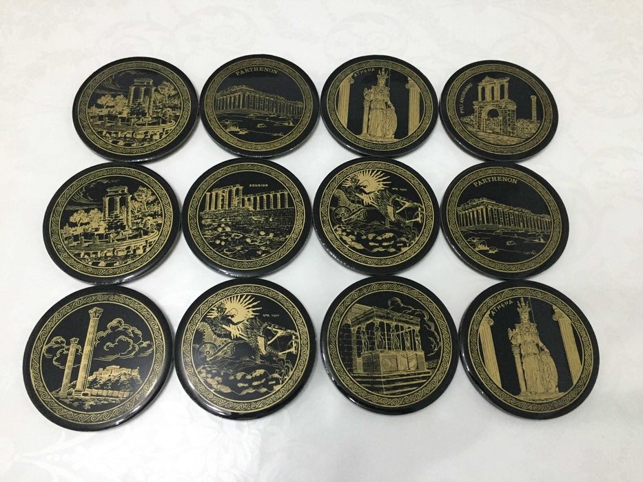 Set suport pahare ceramica pictata Grecia+protectie plastic pe verso.