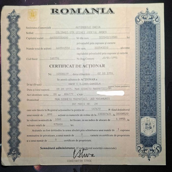 Vand Certificat de acționar la Automobile Dacia